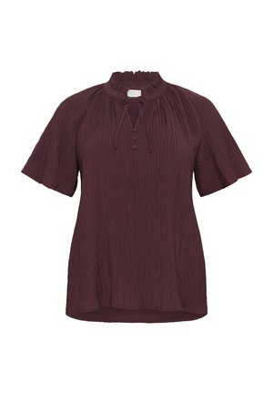 Blouse bordeaux avec un design froissé texturé, manches courtes, un col froncé haut, et trois boutons décoratifs à l'avant.