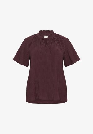 Burgundia pitsak, millel on tekstuuritud kortsusdisain, lühikesed varrukad, kõrge volangiga kaelus ja kolm dekoratiivset nööpi ees.