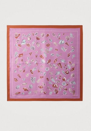 Silk scarf featuring a pink background adorned with various shell and starfish illustrations, bordered by a solid rust orange edge.