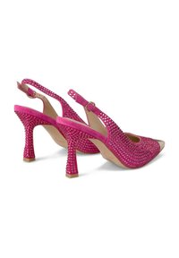 Décolleté rosa con cinturino sulla caviglia, realizzate in suede strutturato e decorate con strass, con punta affusolata e tacco a blocco sfalsato.