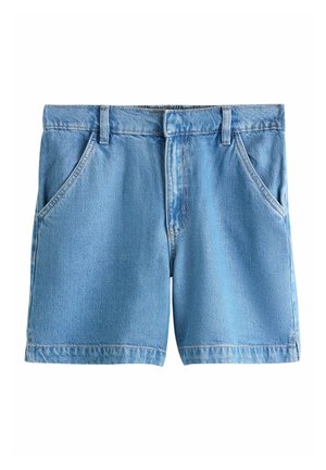 Light blue denim shorts with front pockets, belt loops, and a button fly closure.