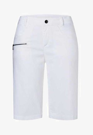 White shorts made of cotton blend, featuring a front button closure, belt loops, and a zippered pocket on the left side.