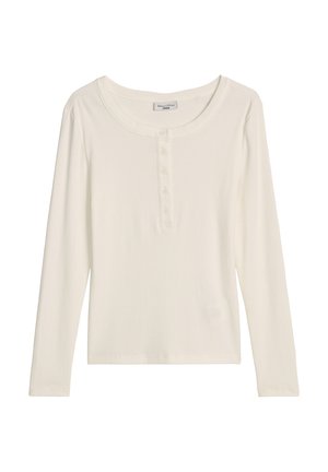 White long-sleeve henley shirt with round neckline and five buttons down the front center.