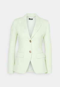 Blazer verde chiaro in tessuto liscio. Caratterizzato da due bottoni dorati, rever a punte e tasche frontali. Vestibilità su misura con forma strutturata.