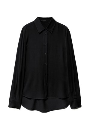 Black long-sleeve button-up shirt with a collar, buttoned cuffs, and a slightly curved hem, displayed on a white background.