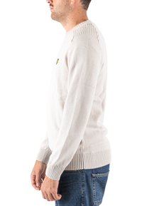 Pull beige clair en maille douce, avec des poignets et un ourlet côtelés, orné d'un petit logo brodé sur la poitrine. Design classique à col rond.