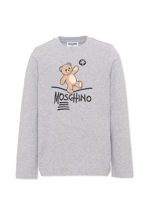Felpa manica lunga grigio chiaro con grafica di un orsetto e testo "Moschino" sul davanti.