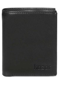 Portafoglio in pelle nera con una texture liscia, caratterizzato da un bordo cucito e un logo impresso. Design compatto a piega bi-fold con un aspetto classico.