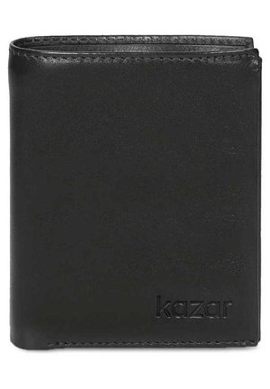Black leather wallet with a smooth texture, featuring a stitched edge and embossed logo. Compact bi-fold design with a classic appearance.