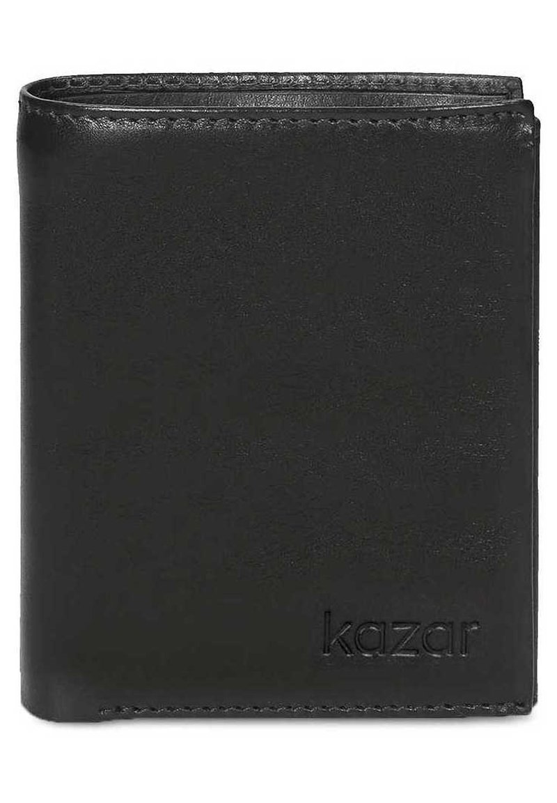Portafoglio in pelle nera con una texture liscia, caratterizzato da un bordo cucito e un logo impresso. Design compatto a piega bi-fold con un aspetto classico.