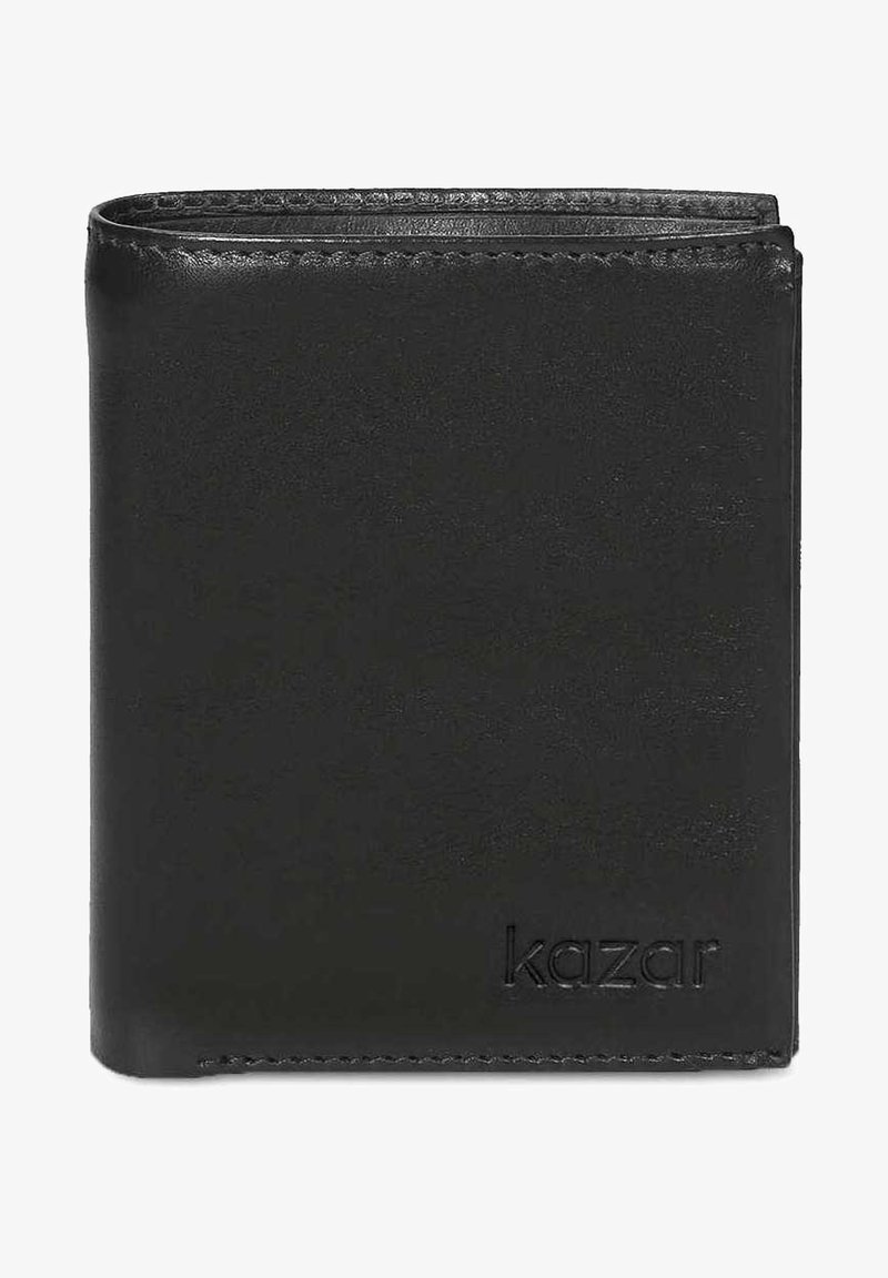 Portefeuille noir en cuir avec une texture lisse, comportant un bord cousu et un logo embossé. Design bi-fold compact avec une apparence classique.