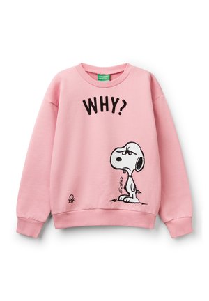 Sweat-shirt rose avec le texte "WHY?" et un personnage Snoopy en noir et blanc regardant vers le haut, poignets et ourlet côtelés, étiquette United Colors of Benetton.