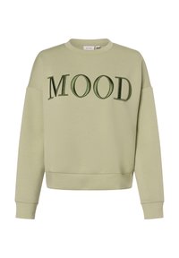 Sweat-shirt vert clair avec "MOOD" brodé en vert foncé. Comprend un col rond, des épaules tombantes, ainsi que des poignets et un ourlet côtelés.