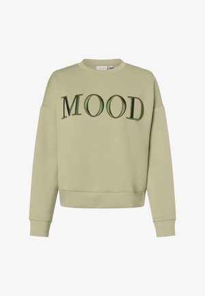 Sudadera verde claro con "MOOD" bordado en verde oscuro. Presenta cuello redondo, hombros caídos y puños y dobladillo acanalados.