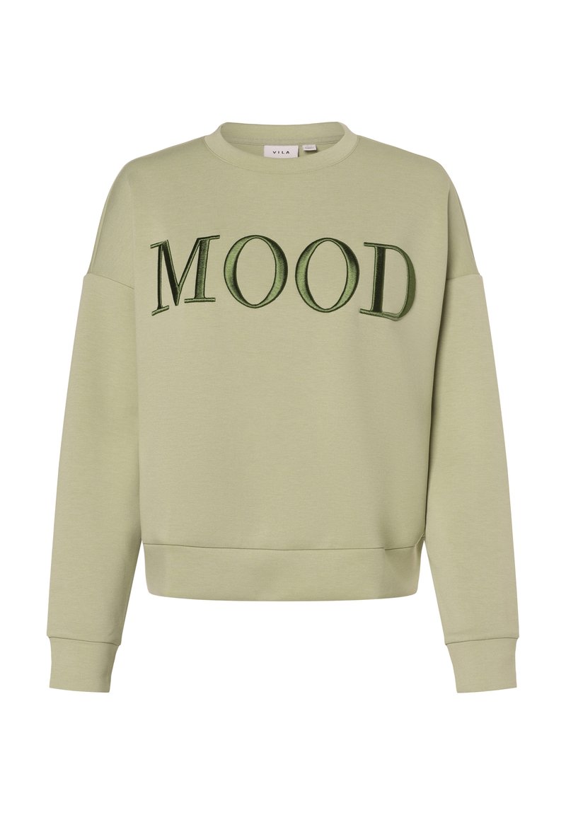 Sweat-shirt vert clair avec "MOOD" brodé en vert foncé. Comprend un col rond, des épaules tombantes, ainsi que des poignets et un ourlet côtelés.