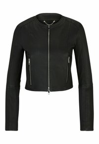 Svart läderkort jacka med en slank design, har en rund halsringning, framzip och två fickor med blixtlås på sidorna.