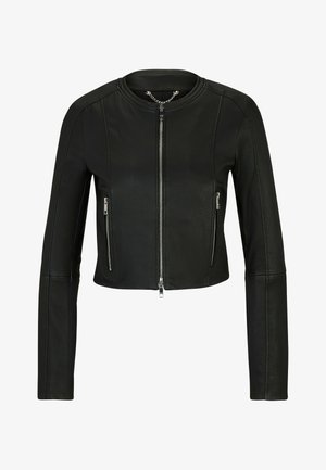 Black leather cropped jacket with a sleek design, features a round neckline, front zip closure, and two zippered side pockets.