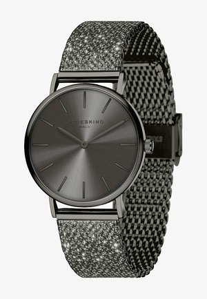 Runde Uhr mit einem dunkelgrauen Metallgehäuse und mattem grauen Zifferblatt. Verfügt über ein strukturiertes Metall-Mesh-Armband mit silbernen und schwarzen Akzenten.