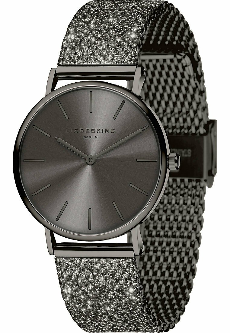 Runde Uhr mit einem dunkelgrauen Metallgehäuse und mattem grauen Zifferblatt. Verfügt über ein strukturiertes Metall-Mesh-Armband mit silbernen und schwarzen Akzenten.