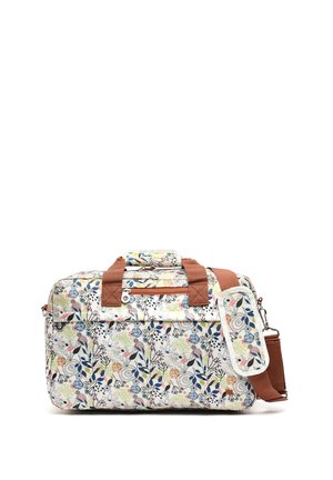 Stačiakampė rankinė su gėlių raštu, rudos spalvos rankenomis ir nuimamu peties dirželiu, priekyje užtrauktuko kišenė ir paminkštinta dirželio dalis.