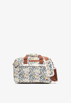 Pravokotni vrečka z vzorcem cvetja, rjavimi ročaji in odstranljivim naramnim trakom, z žepom z zadrgo spredaj in oblazinjenim delom traku.