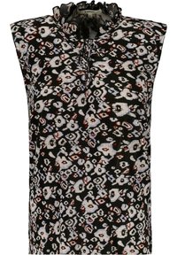 Svart ärmlös topp med volang i halsringningen, blommig och djurmönster i vitt, rött och blått, med en texturerad ribbad tyg.