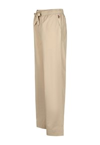 Beiget, kevyet, leveälahkeiset housut, joissa on joustava vyötärönauha ja rusetti. Sivussa on pieni kukkakirjailu.