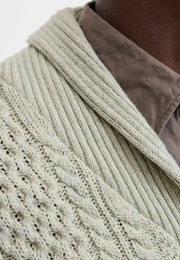 Un pull en tricot de couleur beige clair, avec une texture côtelée et un motif en torsades, superposé sur une chemise à col marron.