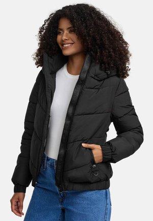 Black puffer jacket with a high collar, featuring a zip closure, ribbed cuffs, and side pockets. Smooth texture and quilted design.