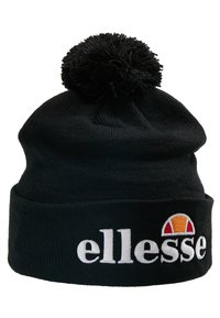 Black knitted beanie with a pom pom on top, featuring a white embroidered logo, and a colorful accent graphic on the front.