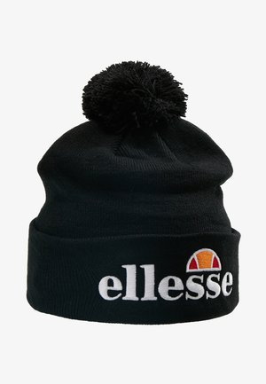 Sort strikket hue med en pom pom på toppen, med et hvidt broderet logo og et farverigt accentgrafik på forsiden.