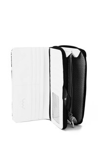 White wallet open showing multiple card slots, a transparent ID pocket, a zippered coin compartment, and black zigzag patterned interior lining.