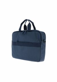 Borsa per laptop blu navy con superficie texturizzata, chiusura con doppizia, manici superiori e tasca frontale piatta per accessori.