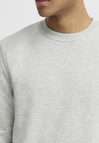 Light gray sweatshirt featuring a round neck, ribbed collar, and soft texture with a slightly marled pattern. No visible logos or graphics.