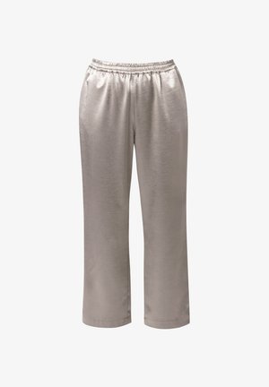 Silver-gray satin pants with elastic waistband, straight legs, and smooth texture, shown on a white background.