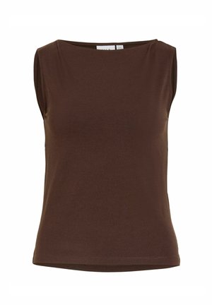 Hnědý bavlněný top bez rukávů s lodičkovým výstřihem a pravidelným střihem.