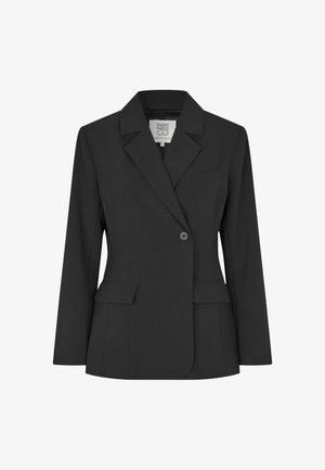 Schwarzer Blazer aus glattem Stoff, mit einer Zwei-Knopf-Verschluss, Reverskragen und Fronttaschen. Schlichtes, maßgeschneidertes Design.