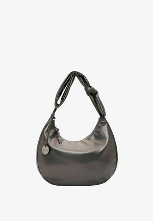 Metallisch graue Lederhandtasche mit einem gedrehten Griff und einem runden Charm-Detail. Glatte Textur und runde Form.