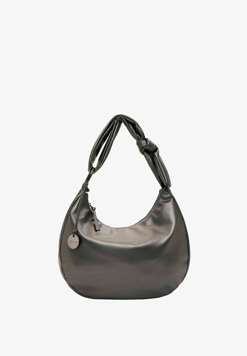 Metalen grijze leren schoudertas met een gedraaide handgreep en een cirkelvormige hanger. Soepele textuur en een ronde vorm.