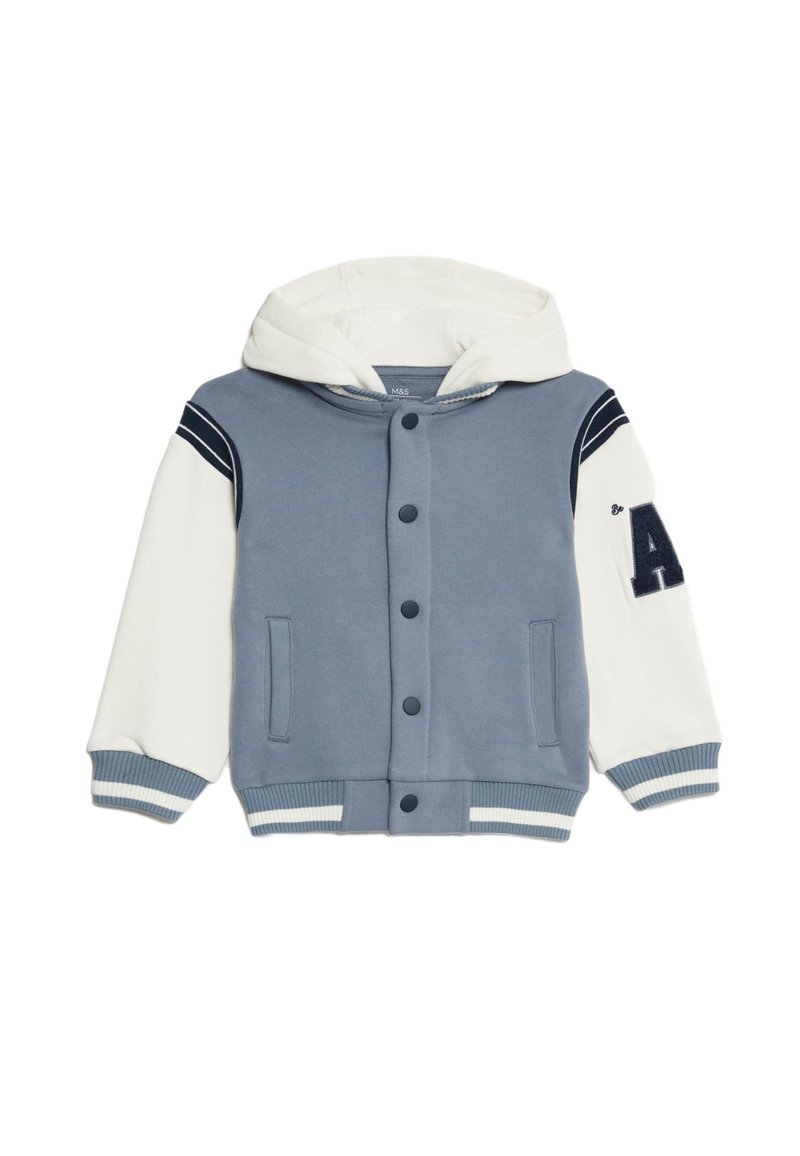 Blauwe en witte capuchonjack met knopenfront, kangoeroezakken, geribde manchetten en borduring op de borst met de letter "A."
