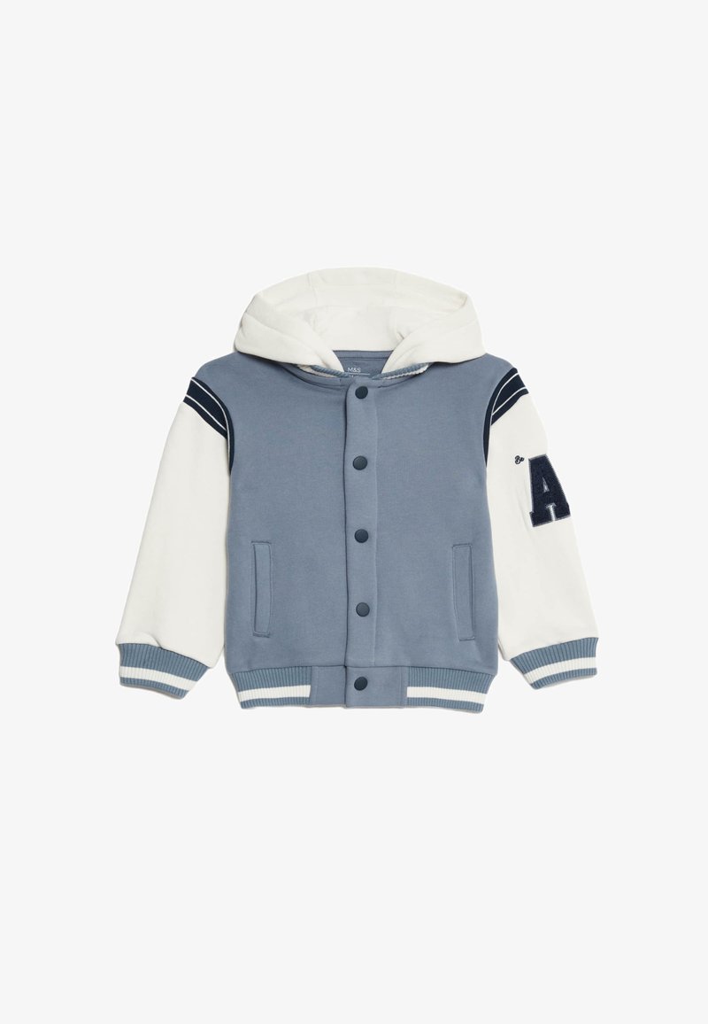 Blauwe en witte capuchonjack met knopenfront, kangoeroezakken, geribde manchetten en borduring op de borst met de letter "A."