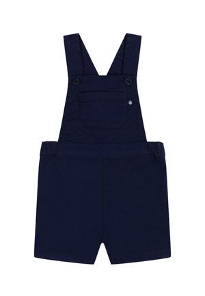 Granatowe dżinsowe ogrodniczki z regulowanymi ramiączkami, przednią kieszenią i elastycznym paskiem w talii. Krótkie nogawki i prosty, klasyczny wygląd.