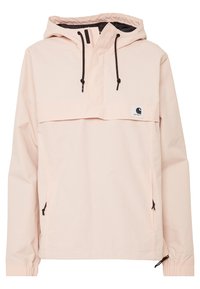 Jasnoróżowa kurtka z kapturem, z przednią kieszenią, czarnymi sznurkami i elastycznymi mankietami. Wykonana z lekkiego, oddychającego materiału.