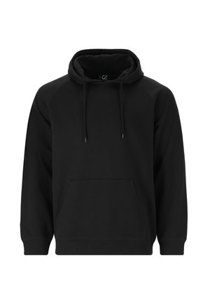 Sort hættetrøje lavet af blødt stof, med snoretræk i huen, kængurulomme og ribbede manchetter. Enkel, klassisk design med raglanærmer.