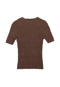 Brun kortærmet skjorte lavet af tekstureret, ribbet stof. Rund halsudskæring med en let ujævn kant. Enkel, tætsiddende design.