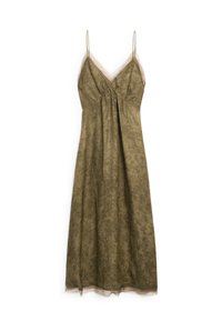 Olive green spaghetti strap dress with a textured fabric, slightly sheer top layer, gathered bodice, and a flowing A-line silhouette.