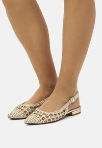 Bailarinas de metal trenzado con talón abierto y punta afilada, de color dorado claro, con pequeño tacón bloque, que cuentan con una correa con hebilla y un diseño de malla abierta.