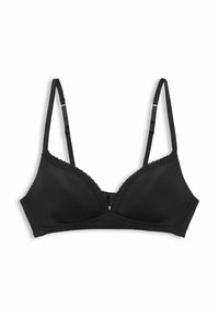 Black wireless bra with adjustable straps and lace trim along the top edge of the cups, laid flat on a white background.