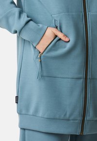 Lichtblauwe ritsjack gemaakt van zachte stof. Heeft een zak met een gouden rits, geribbelde manchetten en een logo-label aan de zijkant.