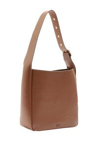 Brązowa skórzana torba tote o eleganckim, prostokątnym kształcie. Posiada szeroki pasek na ramię z złotym okuciem i subtelnymi detalami w przeszyciach.